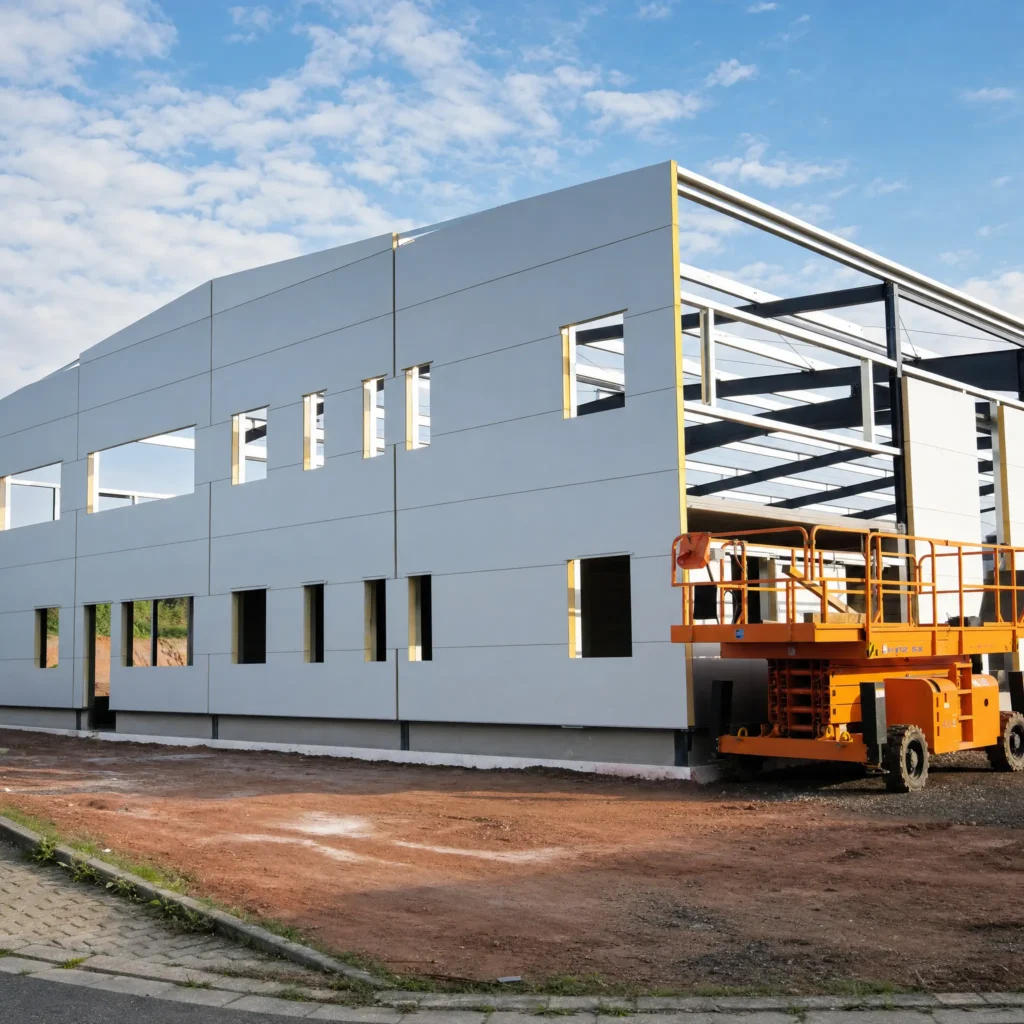 Moderne Industriehalle mit dunkler Metallfassade und Hubarbeitsbühne.